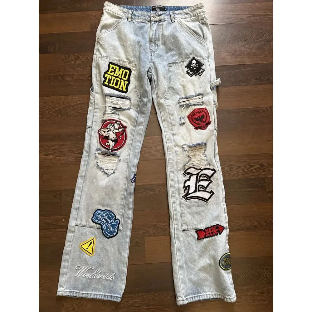 Mixed Emotion “Worker” Jeans Patchwork Graphic Light Wash Streetwear Denim 34/35